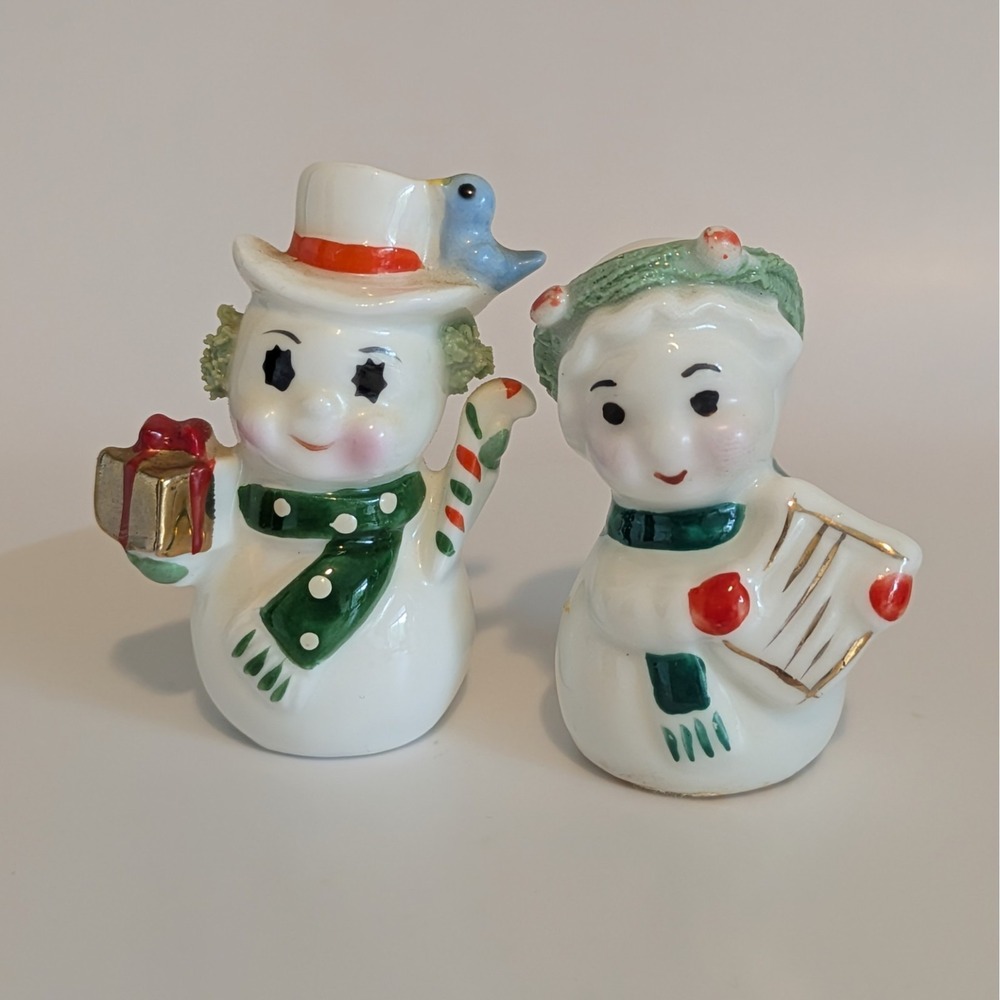 Vintage Christmas Napco Snowman Couple Snowperson Miniature Figures Blue‎ Bird